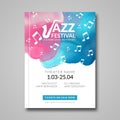 Vector musical poster design. Watercolor stain background. Jazz, rock style billboard template for card, brochure Royalty Free Stock Photo