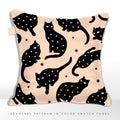 Vector Mysterious Black Cat Silhouette Seamless Fabric Pattern on Cushion, with Star Decor