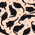 Vector Mysterious Black Cat Silhouette Seamless Pattern