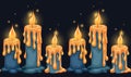 Vector mystic border of cartoon blue candles with lights and sparkle on dark background. Horizontal frieze of flowing wax candles