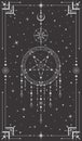 Vector mystic celestial background with dreamcatcher, pentagram and linear frame. Black poster with a magical esoteric symbol