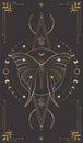 Mystic celestial background with golden outline insect, stars, moon phases and crescents. Sacred geometric tarot card cover