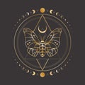 Vector mystic celestial sketch tattoo with golden outline insect, crescent and moon phases. Occult linear illustration