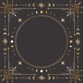Vector mystic celestial square golden frame with stars, moon phases, crescents, arrows and copy space. Ornate geometric border Royalty Free Stock Photo