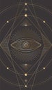 Vector mystic dark celestial background with golden outline eye, beams, stars and dotted radial circles. Tarot card cover