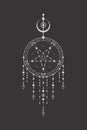 Vector mystic linear dreamcatcher with pentagram. Sketch tattoo of magical esoteric outline symbol in boho style on a black