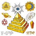 Vector mystic magic esoteric symbols piramide hand drawn religion philosophy spirituality magical occultism chemistry