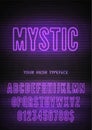 Vector Mystic night light sign and narrow purple neon hollow font with numbers on dark brick background