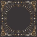 Vector mystic outline celestial square golden frame with stars, moon phases, crescents, arrows and copy space Royalty Free Stock Photo