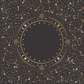 Vector mystical celestial background with golden zodiac constellations and round frame with moon phases, stars and crescents Royalty Free Stock Photo