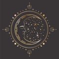 Vector mystical celestial round sticker with crescent with a sleeping face, stars and golden frame with moon phases