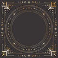 Vector mystical celestial square golden frame with stars, moon phases, crescents, concentrical circles, arrows and copy space Royalty Free Stock Photo