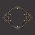 Vector mystical celestial sticker with a golden frame with stars, two crescents with sleeping faces and copy space