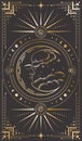 Vector mystical crescent with a sleeping face, clouds and stars on a black background. Cover for tarot card with a golden moon Royalty Free Stock Photo