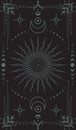 Vector mystical dark boho background with ornate outline geometric frame with moon phases, sun, crescents and stars.