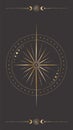 Vector mystical dark celestial poster with golden outline geometric star, moon phases, dotted concentric circles and borders