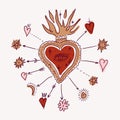 Vector mystical groovy vintage whimsical doodle sacred heart. Valentines love characters. Hand-drawn sketchy set, Jesus Royalty Free Stock Photo