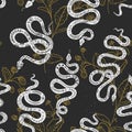 Vector mystical pattern with symbols of snakes in black color. Esoteric seamless floral pattern with serpent.