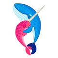 Vector narwhal and blue whale are hugging and dancing. Cute cartoon character. Colorful marine life