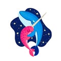 Vector narwhal and blue whale are hugging and dancing. Cute cartoon character. Colorful marine life