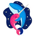 Vector narwhal and blue whale are hugging and dancing. Cute cartoon character. Colorful marine life