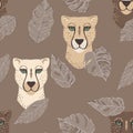 Vector Natural Colored Cheetah with Tropical Leaves on Brown seamless pattern background. Perfect for fabric Royalty Free Stock Photo