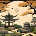 A vector of nature landscape scenery oriental japanese style illustration ai generated