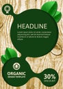 Vector nature organic template for brochure, flyer, magazine cover or poster. Eco wooden texture with green leaves background Royalty Free Stock Photo