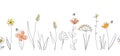 Vector nature seamless border with bees, wild herbs and flowers on white. Continuous line drawing background. Doodle Royalty Free Stock Photo