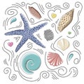 Vector nautical composition of blue starfish, beige, brown, turquoise, coral, gray seashells, colorful hearts, sea water drops and