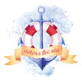 Nautical summer watercolor background with anchor