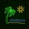 Vector Neon Beach Icon, Glowing Icon, Ocean, Palm and Sun.