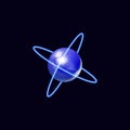 Vector Neon Blue Atom Isolated on Dark Background, Glowing Realistic Design Element. Royalty Free Stock Photo