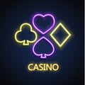 Vector neon casino poker card suit sign brick wall