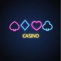 Vector neon casino poker card suit sign brick wall