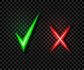 Vector Neon Check and Cross Marks, Bright Green and Red Light, Isolated Illustration.