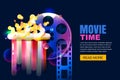 Vector neon cinema and home movie time concept. Film reel and popcorn modern illustration. Sale cinema theatre tickets. Royalty Free Stock Photo