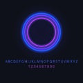 Vector Neon Circle Blank Frame Template and Neon Font, Blue and Violet Lights, Isolated. Royalty Free Stock Photo