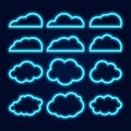 Vector Neon Cloud Icons Set, Glowing Bright Blue Lines on Dark Background Royalty Free Stock Photo