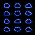 Vector Neon Cloud Icons Set, Glowing Bright Blue Lines on Dark Background. Royalty Free Stock Photo