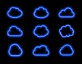 Vector Neon Clouds Set, Bright Blue Light, Icons Colelction Shining on Dark Background.