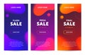 Vector neon color liquid vertical sale banner template set. Abstract shapes on 50%, 60%, 70% discount flyer layout collection.