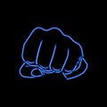 Vector Neon Fist, Human Hand Gesturing, Bright Blue Light.
