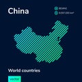 Vector neon flat map of China with green, mint, turquoise striped texture on dark blue background Royalty Free Stock Photo