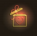 Vector Neon Gift Box with Heart, Yellow and Red Colors, Isolated Luminous Icon.