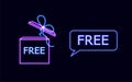 Vector Neon Gift Box and Talk Bubble, Free Sign, Glowing Icons Isolated on Dark Background, Discount, Charity, Neon.