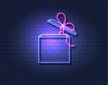 Vector Neon Gift Box, Ultraviolet, Isolated Luminous Icon on Dark Background.