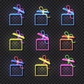 Vector Neon Gift Boxes Set Isolated on Dark Transprent Background, Shining Illustrations, Open Box. Royalty Free Stock Photo