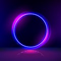 Vector neon gloving ring in dark room. Round light frame for text. Dark abstract furistic background with circle gate