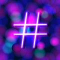 Vector Neon Glowing Hashtag on Shiny Background, Pink and Blue Bright Colors.